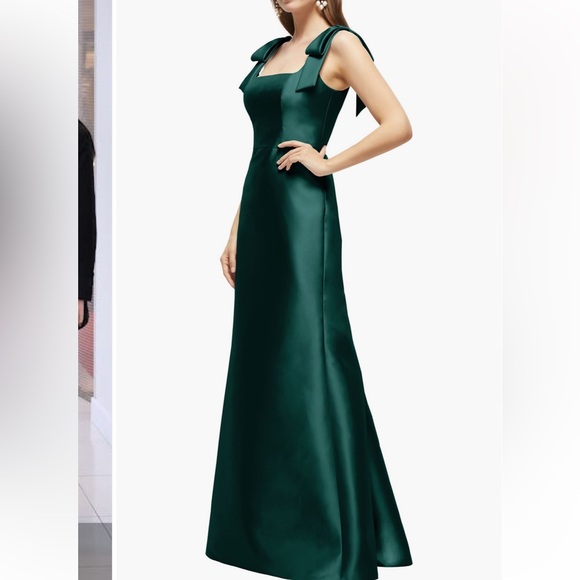New ALFRED SUNG Bow Strap Satin Twill Trumpet Gown in color EverGreen - Picture 2 of 10